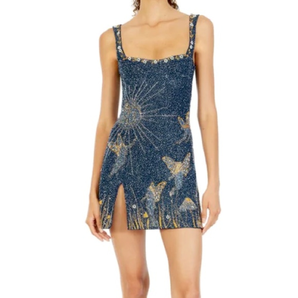 Starlight Dress - Dark Blue Sparkly Dress with Sun, flower, mushroom, & fairies
